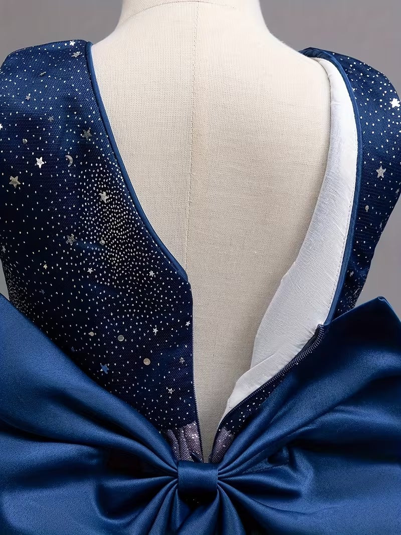 Girls' Ombre Tulle & Sequin Starry Night Gown - Navy Blue to Pink | Elegant Sleeveless Formal Dress with Big Back Bow (Princess Party Gown)"