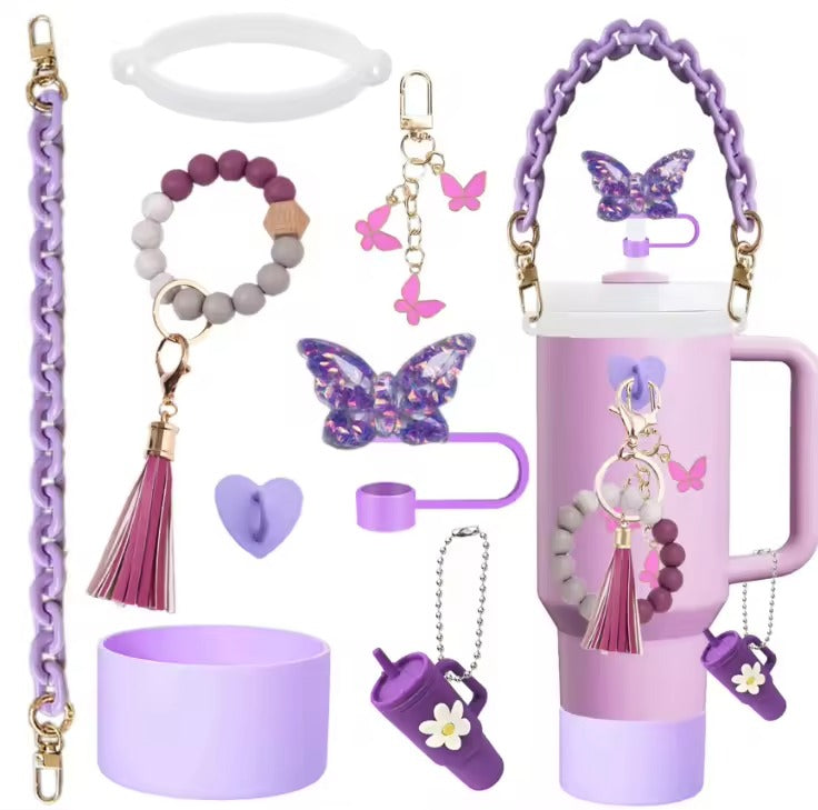 Pink Aesthetic Tumbler Accessory Set – Cute Butterfly & Beaded Charms for Stanley Cups
