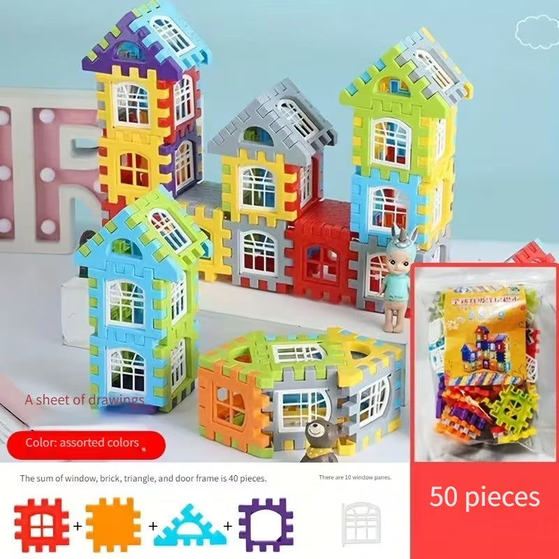 Kids' Colorful Interlocking House Building Blocks Set - Creative 3D Construction Toy for Toddlers & Children (50-160+ Pieces)"