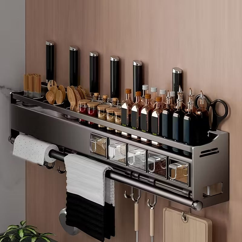 Wall Mounted Kitchen Organizer Rack - Multifunctional Aluminum Spice Shelf with Knife Holder, Utensil Hooks & Towel Bar | Space Saving Storage for Home Kitchen"