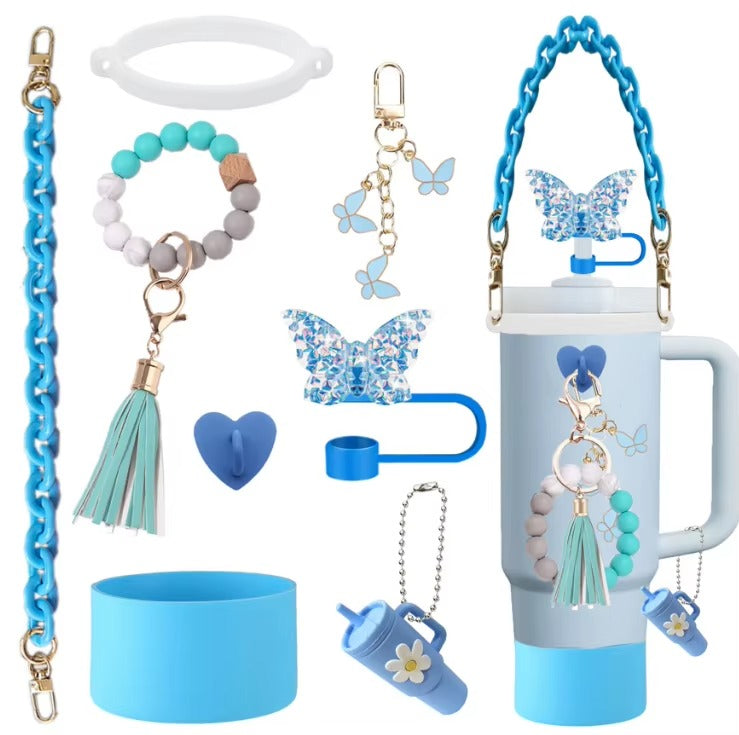 Pink Aesthetic Tumbler Accessory Set – Cute Butterfly & Beaded Charms for Stanley Cups