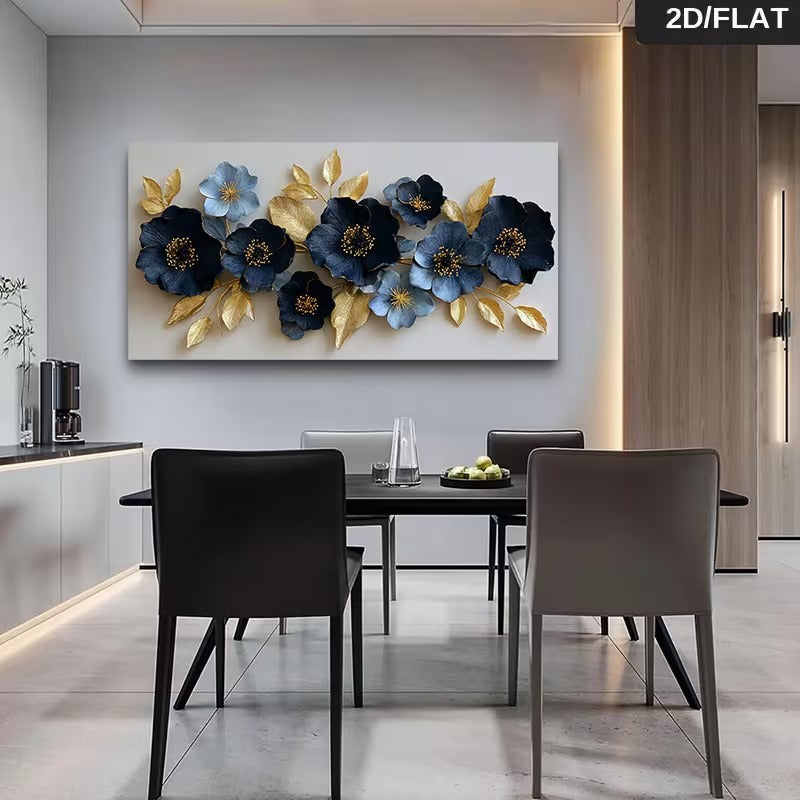 Large 2D Flat Effect Blue & Gold Floral Canvas Wall Art - Modern Botanical Abstract Print | Elegant Flower Picture for Living Room, Bedroom & Office Decor"