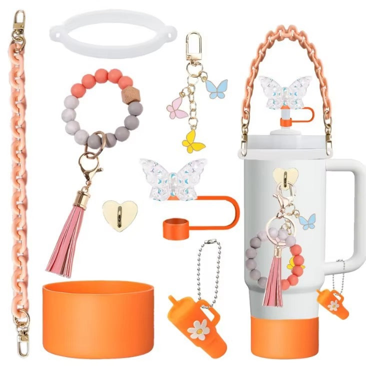 Pink Aesthetic Tumbler Accessory Set – Cute Butterfly & Beaded Charms for Stanley Cups