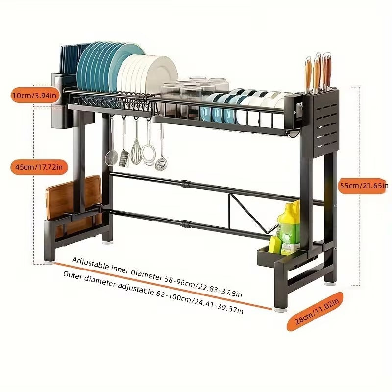 Adjustable Over-Sink Dish Drying Rack - 2-Tier Stainless Steel Space Saver Kitchen Organizer | Utensil, Plate & Bowl Drainer with Hooks (Retractable)"