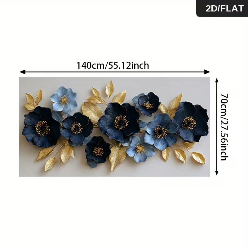 Large 2D Flat Effect Blue & Gold Floral Canvas Wall Art - Modern Botanical Abstract Print | Elegant Flower Picture for Living Room, Bedroom & Office Decor"