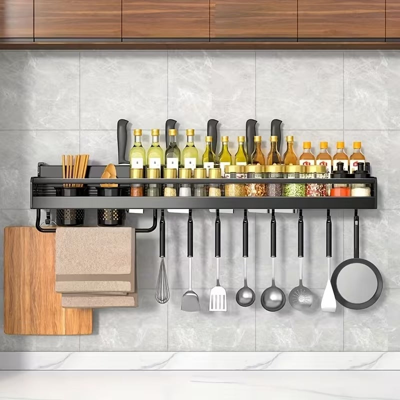 Wall Mounted Kitchen Organizer Rack - Multifunctional Aluminum Spice Shelf with Knife Holder, Utensil Hooks & Towel Bar | Space Saving Storage for Home Kitchen"
