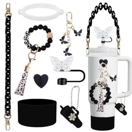 Pink Aesthetic Tumbler Accessory Set – Cute Butterfly & Beaded Charms for Stanley Cups