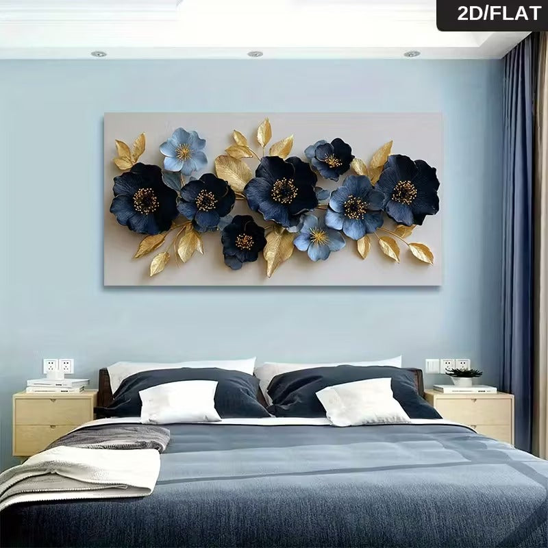 Large 2D Flat Effect Blue & Gold Floral Canvas Wall Art - Modern Botanical Abstract Print | Elegant Flower Picture for Living Room, Bedroom & Office Decor"