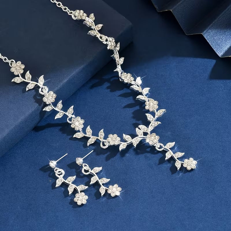 legant Rhinestone Floral Vine Jewelry Set - Sparkling Flower & Leaf Necklace & Earrings | Bridal, Party & Prom Accessory (Multiple Colors)