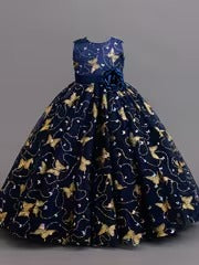 Girls' Navy Blue Butterfly Princess Dress - Gold Embroidery & Bow | Elegant Sleeveless Formal Gown for Parties & Weddings (Ages 4-9Y)"