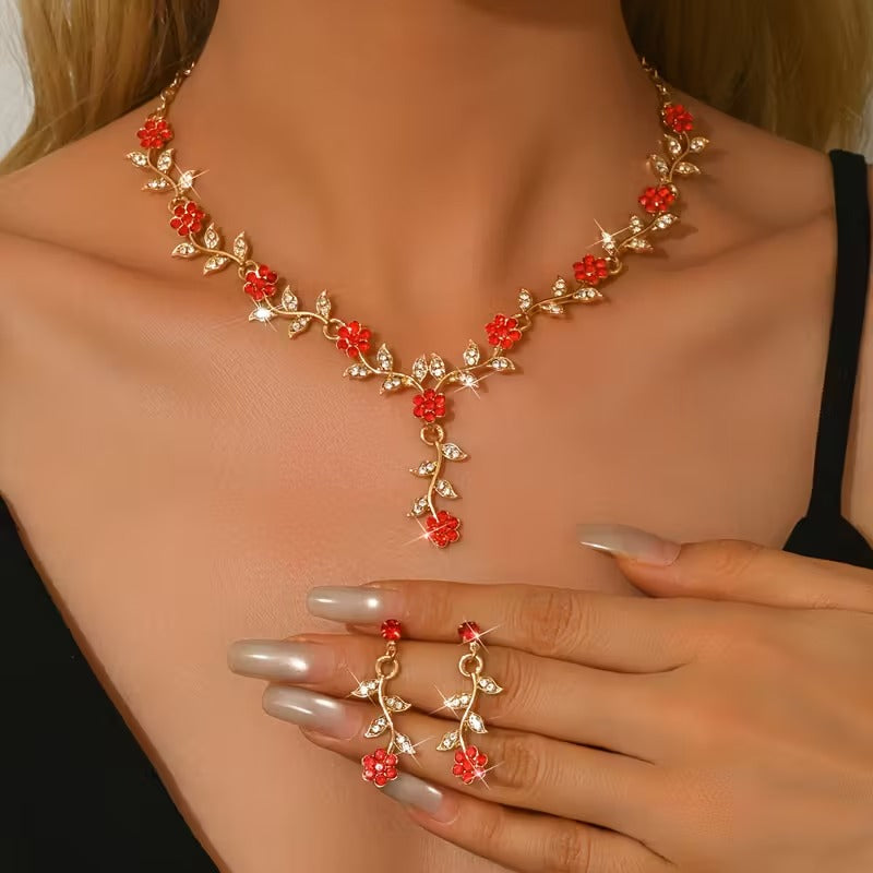 legant Rhinestone Floral Vine Jewelry Set - Sparkling Flower & Leaf Necklace & Earrings | Bridal, Party & Prom Accessory (Multiple Colors)