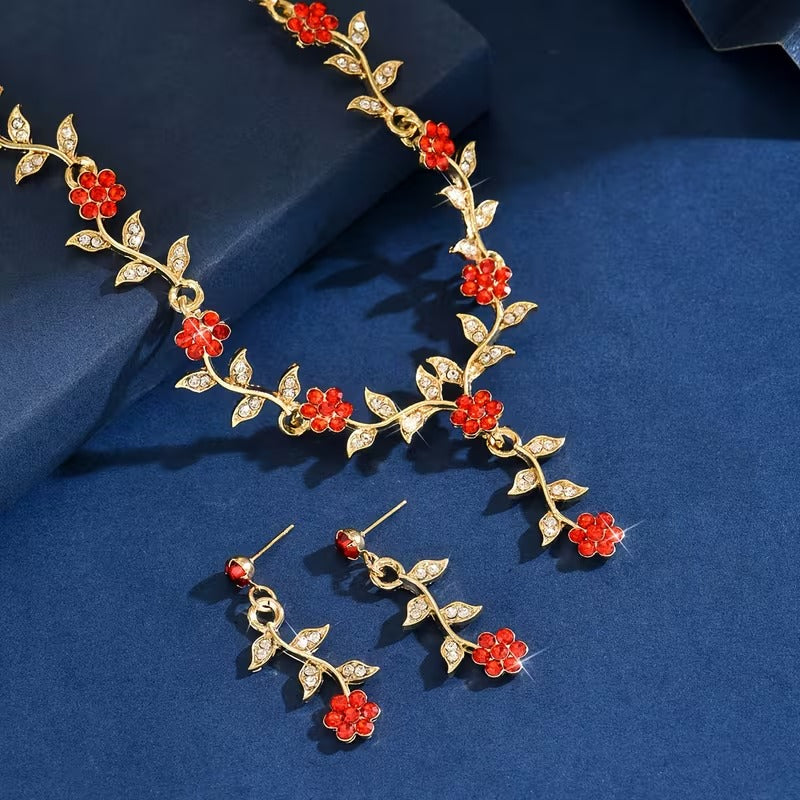 legant Rhinestone Floral Vine Jewelry Set - Sparkling Flower & Leaf Necklace & Earrings | Bridal, Party & Prom Accessory (Multiple Colors)