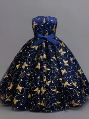 Girls' Navy Blue Butterfly Princess Dress - Gold Embroidery & Bow | Elegant Sleeveless Formal Gown for Parties & Weddings (Ages 4-9Y)"