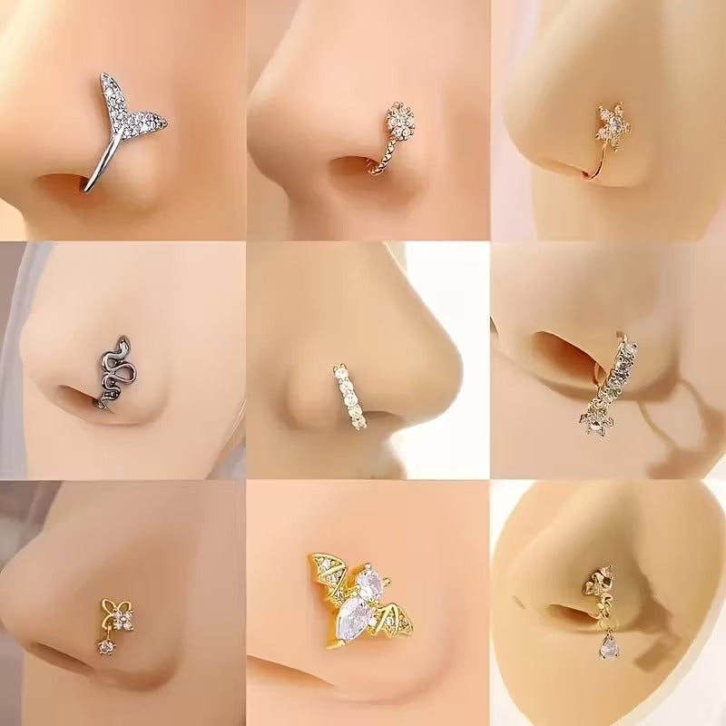 No-Piercing Nose Cuff Ring Collection - Trendy Faux Rhinestone Clip-On Nose Jewelry | Adjustable Non-Pierced Nose Rings for Women & Girls (Various Designs)"
