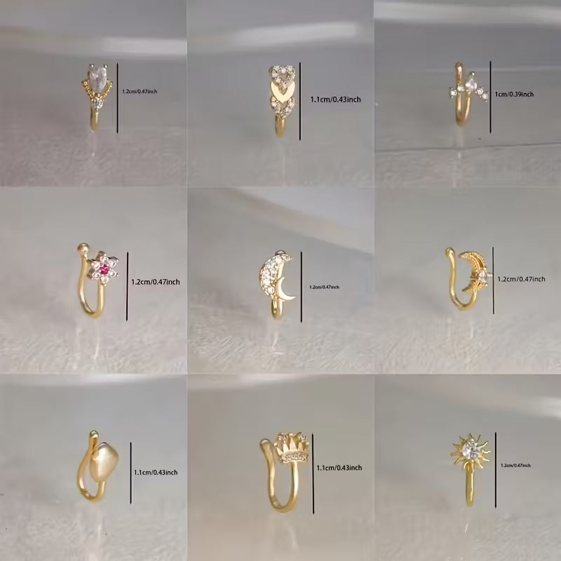 No-Piercing Nose Cuff Ring Collection - Trendy Faux Rhinestone Clip-On Nose Jewelry | Adjustable Non-Pierced Nose Rings for Women & Girls (Various Designs)"