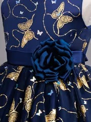 Girls' Navy Blue Butterfly Princess Dress - Gold Embroidery & Bow | Elegant Sleeveless Formal Gown for Parties & Weddings (Ages 4-9Y)"