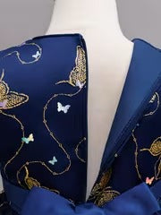 Girls' Navy Blue Butterfly Princess Dress - Gold Embroidery & Bow | Elegant Sleeveless Formal Gown for Parties & Weddings (Ages 4-9Y)"