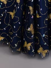 Girls' Navy Blue Butterfly Princess Dress - Gold Embroidery & Bow | Elegant Sleeveless Formal Gown for Parties & Weddings (Ages 4-9Y)"