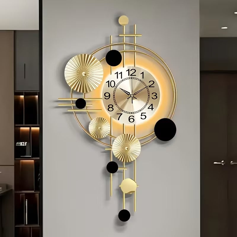 Modern LED Wall Clock - Silent Geometric Metal Art Decor with Backlight | Large Abstract Gold & Black Clock for Living Room, Bedroom & Office
