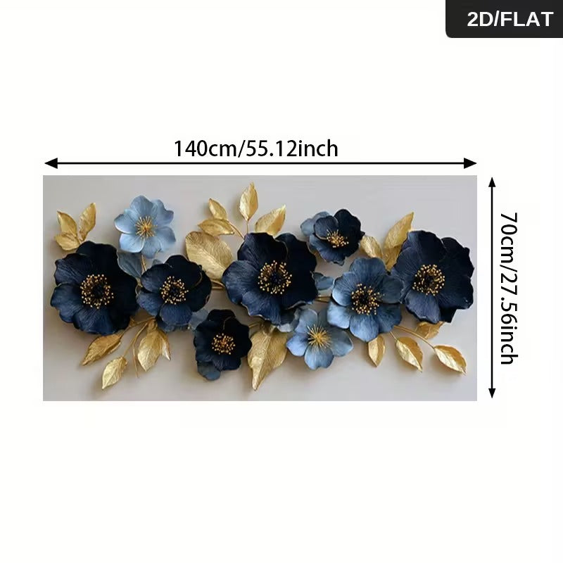 Large 2D Flat Effect Blue & Gold Floral Canvas Wall Art - Modern Botanical Abstract Print | Elegant Flower Picture for Living Room, Bedroom & Office Decor"