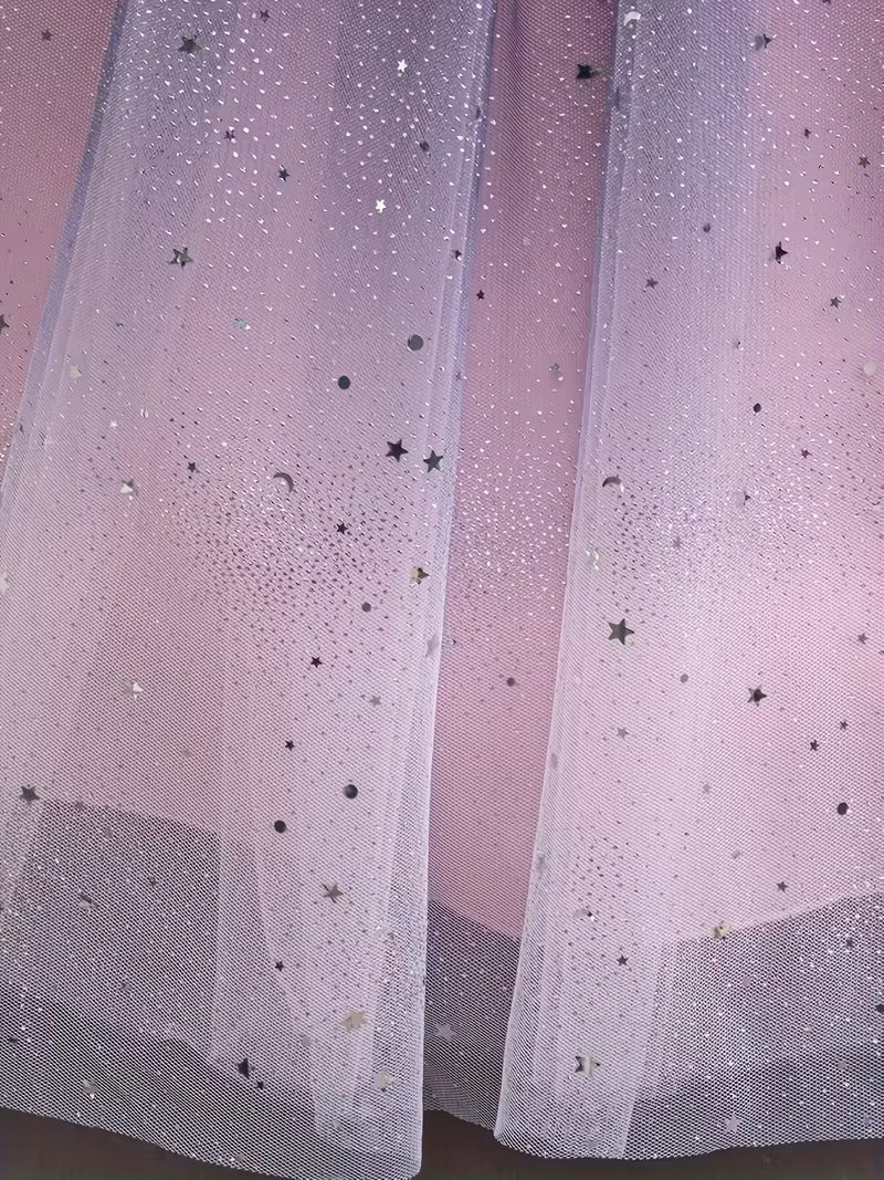 Girls' Ombre Tulle & Sequin Starry Night Gown - Navy Blue to Pink | Elegant Sleeveless Formal Dress with Big Back Bow (Princess Party Gown)"