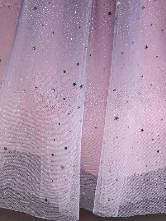 Girls' Ombre Tulle & Sequin Starry Night Gown - Navy Blue to Pink | Elegant Sleeveless Formal Dress with Big Back Bow (Princess Party Gown)"