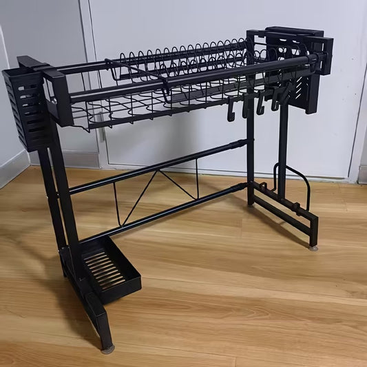 Adjustable Over-Sink Dish Drying Rack - 2-Tier Stainless Steel Space Saver Kitchen Organizer | Utensil, Plate & Bowl Drainer with Hooks (Retractable)"