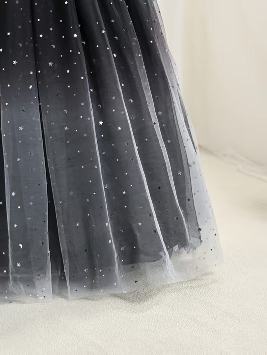 Girls' Black Velvet & Tulle Starry Night Princess Gown | Ombre Sequin Formal Dress for Parties & Special Occasions"