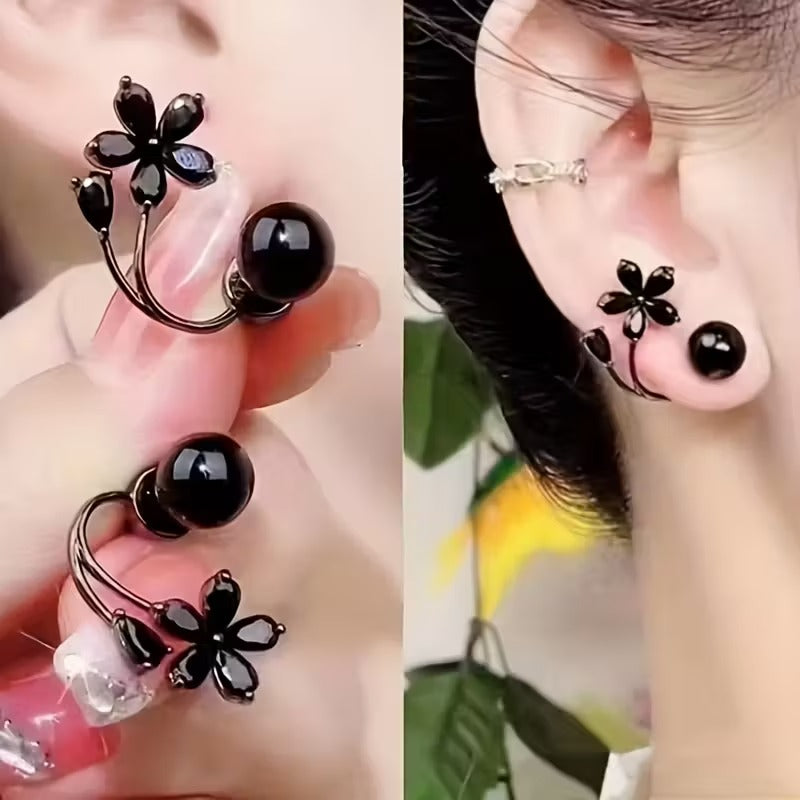 Elegant Black Pearl & Zircon Flower Back-Dangle Earrings - Unique Front Back Stud Jackets | Modern Fashion Jewelry for Women"