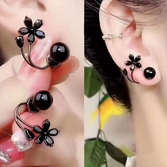 Elegant Black Pearl & Zircon Flower Back-Dangle Earrings - Unique Front Back Stud Jackets | Modern Fashion Jewelry for Women"